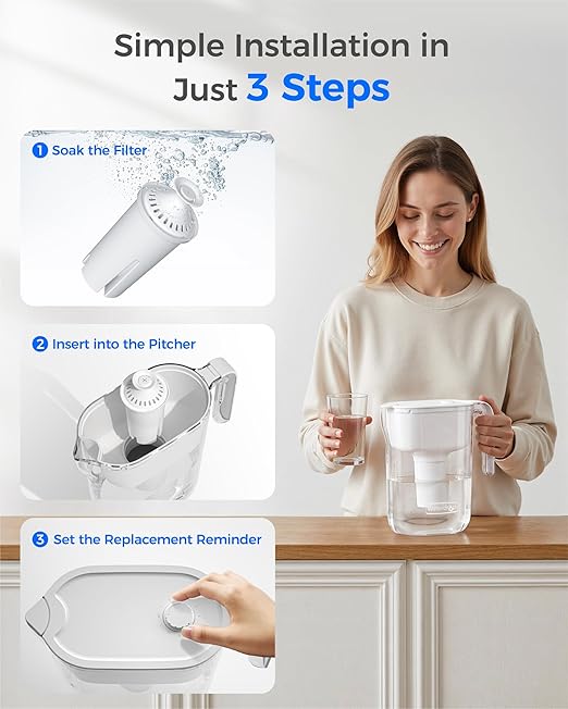 Waterdrop PT-11W 7-Cup Water Filter Pitcher with 3 Replacement Filters, Can Work with Brita® Water Pitchers & Filters, BPA-Free, Fast Flow, Reduces Chlorine and Lead, Up to 6 Months, White