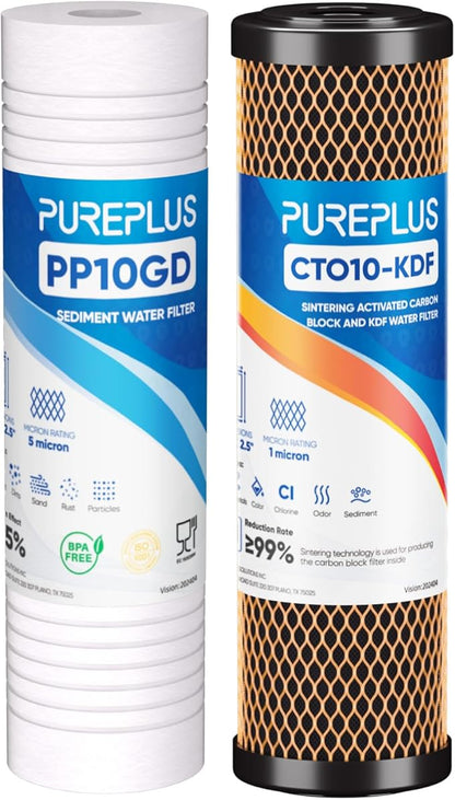 PUREPLUS 10" x 2.5" RV Water Filter Replacement Combo Pack - 1 Micron KDF Carbon Block + 5 Micron Upgraded Grooved Sediment Filters, 2 Pack for RV, Camper, Boat