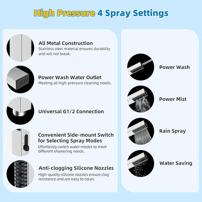 Hibbent All Metal cUPC Certified Shower Head, 8'' High Pressure Rainfall Shower Head, Showerhead Combo, Handheld Shower Wand, 12'' Adjustable Extension Arm, 4-Spray, 71'' Hose, Shower Holder, Chrome