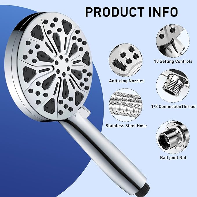 Filtered Shower Heads With Handheld Spray Combo,High Pressure 10 Spray Modes Rainfall Shower Wand,Flow Switch,Magnetic System,Detachable Shower Head With 62''Hose (Chrome)