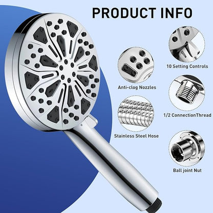 Filtered Shower Heads With Handheld Spray Combo,High Pressure 10 Spray Modes Rainfall Shower Wand,Flow Switch,Magnetic System,Detachable Shower Head With 62''Hose (Chrome)