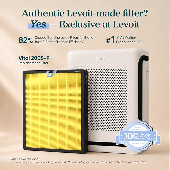 LEVOIT Genuine Vital 200S-P Air Purifier Pet Allergy Replacement Filter, Supports HEPA Sleep Mode, High-Efficiency Activated Carbon for Removal of Allergens, Pollen, Vital 200S-RF-PA, 1 Pack, Yellow