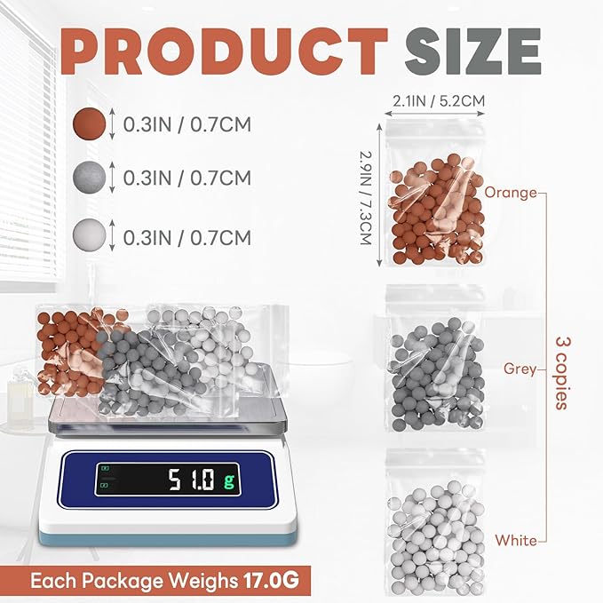 YDmeet Replacement Mineral Balls for Filtered Shower Head Refills, Water Softener Beads Filtration Stone Ball to Remove Chlorine, Fluoride and Impurities (102.0 Grams, Orange, Gray, White)