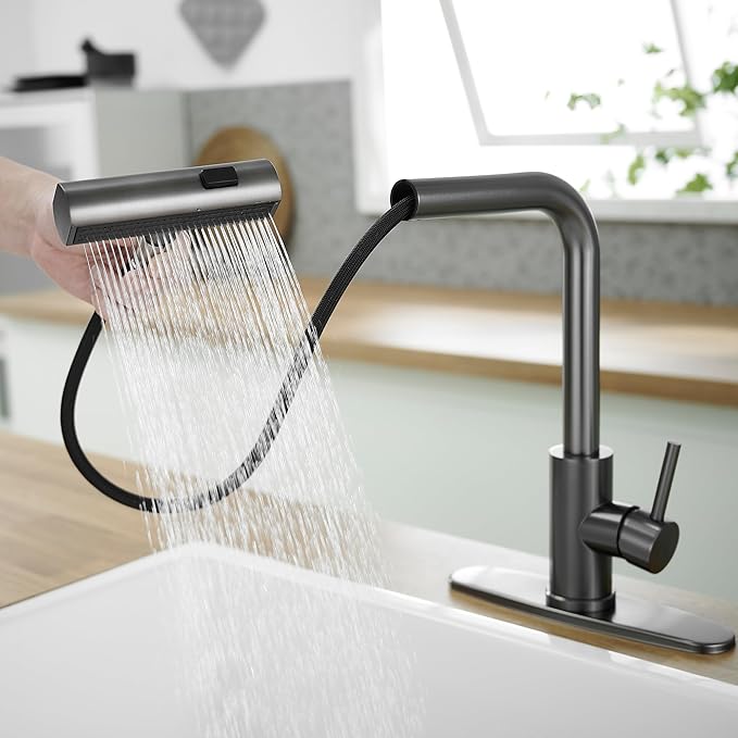 Kitchen Faucets with Pull Down Sprayer,Waterfall Kitchen Sink Faucet,Commercial Utility Stainless Steel Kitchen Faucets,Single Handle Kitchen Sink Faucet with Pull Down Sprayer for 3 Function,Grey