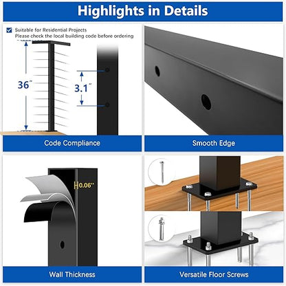 36" T304 L-drilled Cable Railing Corner Post(Post 35"x2"x2"), Wire Railing Post with Cable Grommets, Modular Fixed Top Mount Stainless Steel Black Finish Deck Staircase Post