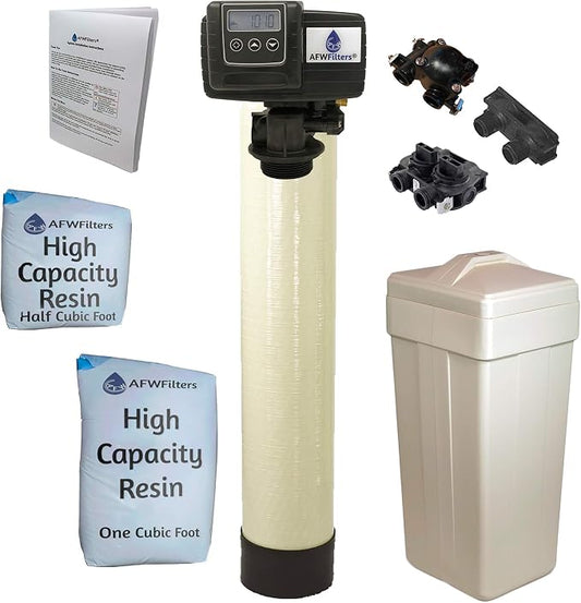 AFWFilters 1.5 Cubic Foot (48k) Whole Home Water Softener with High Capacity Resin, 3/4" Plastic MNPT Connection, and Almond Tanks