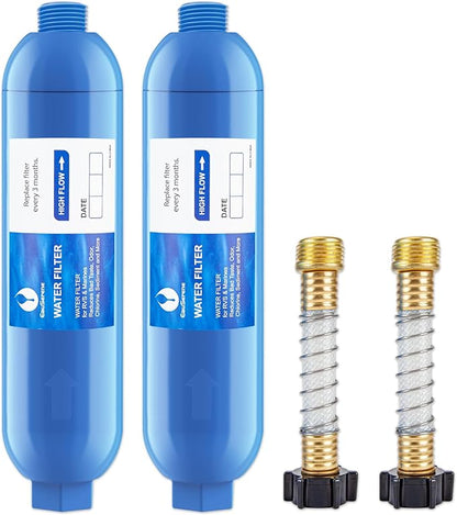 2PK RV Water Filter Kit, Inline Carbon Filter with Flexible Hose | Multi-Stage Filtration, Food-Grade Housing, Reduces Chlorine, Sediment, Bad Taste and Odor, Tool-Free Hose Connection