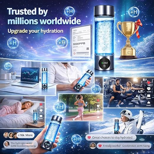 Upgrade Hydrogen Water Bottle, 16oz / 460ml Hydrogen Water Generator with SPE/PEM Tech, 5000PPB in 5 Min, Borosilicate Glass with LED Display, Rechargeable Leak-Proof Bottle for Gym, Office &Daily Use