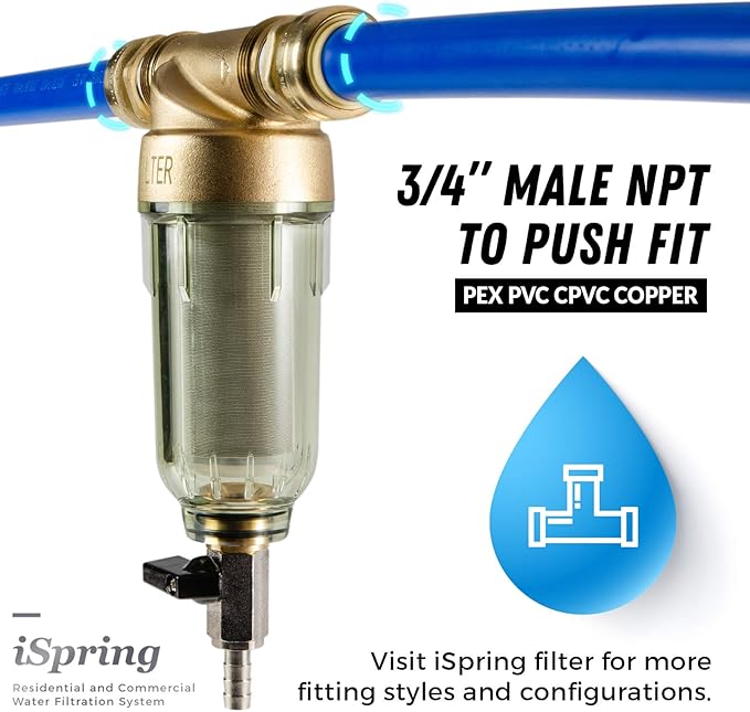 iSpring WSP-50SL Reusable Whole House Spin Down Sediment Water Filter with Siliphos, Multiple Micron Sizes w/Push-Fit Plumbing Fittings (WSP-50SL+ACPF12MPT12x2-FBAC)
