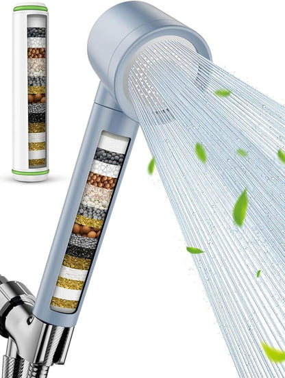 Ion Drops Filtered Shower Head with Handheld, High Pressure Shower Heads with 3 Spray, Showerhead with Filters Hand held for Hard Water, Remove Chlorine, Reduces Dry Itchy Skin (Blue)