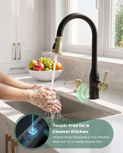 APPASO Black Gold Touchless Kitchen Faucets with Soap Dispenser & Sprayer | cUPC Lead-Free Hoses Motion Sensor Hands Free Sink Faucet Pull Down 3 Modes Single Handle for 1-4 Hole Sink with Deck Plate