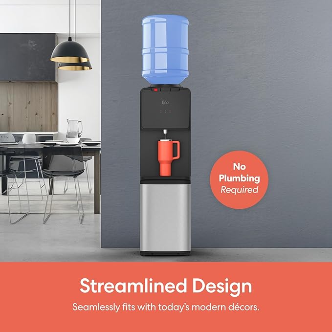 Brio 130 Series Top-Load Water Cooler Dispenser for 3- and 5-Gallon Bottles, Hot & Cold, Spill-Free Loading, Child Safety Lock, Energy Star 3.0, Black & Stainless