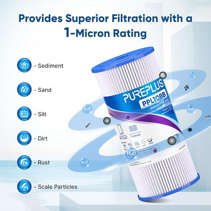 PUREPLUS 1 Micron 10" x 4.5" Whole House Pleated Sediment Filter for Well Water, Replacement Cartridge for GE FXHSC, Culligan R50-BBSA, Pentek R50-BB, DuPont WFHDC3001, W50PEHD, GXWH40L, 4Pack