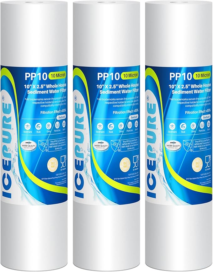 ICEPURE 10"X2.5" 10 Microns Whole House Sediment RO System Water Filter Replacement for Any 10 inch RO Unit, Dupont WFPFC5002, Aqua Pure AP110, Culligan P5, GE FXUSC, Whirpool WHKF-GD05 PP10-05, 3PACK