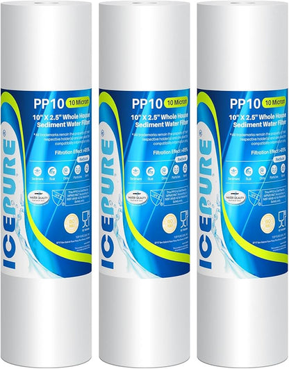 ICEPURE 10"X2.5" 10 Microns Whole House Sediment RO System Water Filter Replacement for Any 10 inch RO Unit, Dupont WFPFC5002, Aqua Pure AP110, Culligan P5, GE FXUSC, Whirpool WHKF-GD05 PP10-05, 3PACK
