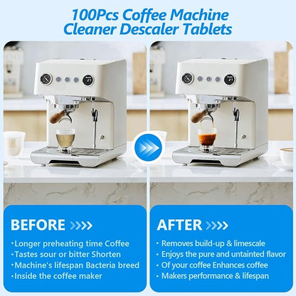 100 Pack Coffee Machine Cleaner Descaler Tablets,Coffee Maker Cleaner for Keurig, Ninja, Breville, Delonghi, Nespresso, Miele,Espresso Machine Cleaning Tabs,Descaling Solution for Coffee Pot Maker