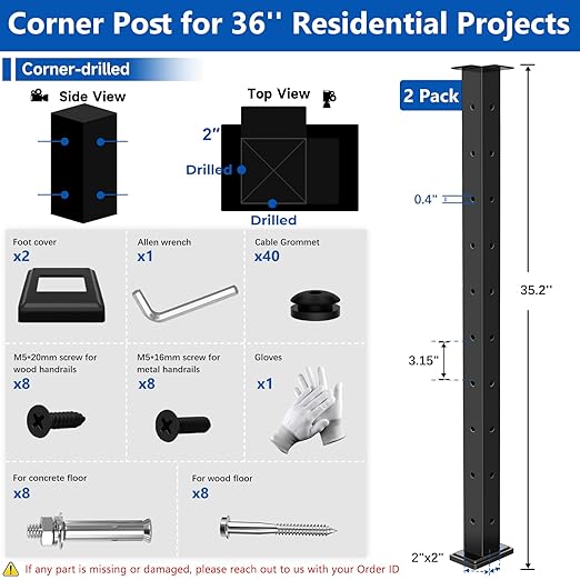 2Pack 36" T304 L-drilled Cable Railing Corner Posts(35"x2"x2") with Cable Grommets, Modular 90° Drilled Fixed Top Mount Heavy Duty Stainless Steel Black Finish for Wooden Concrete Deck Patio