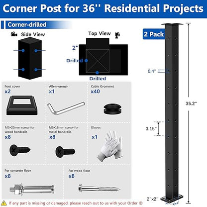 2Pack 36" T304 L-drilled Cable Railing Corner Posts(35"x2"x2") with Cable Grommets, Modular 90° Drilled Fixed Top Mount Heavy Duty Stainless Steel Black Finish for Wooden Concrete Deck Patio