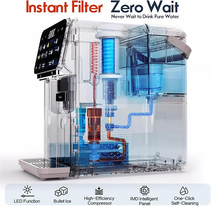 Ice Maker Water Filter Dispenser, 3 in1 Countertop Instant Hot & Cold Water, Ice Water Dispenser with ice Box, 7 Temperature & 5 Dispensing Volume Options Portable No Installation.