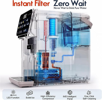 Ice Maker Water Filter Dispenser, 3 in1 Countertop Instant Hot & Cold Water, Ice Water Dispenser with ice Box, 7 Temperature & 5 Dispensing Volume Options Portable No Installation.