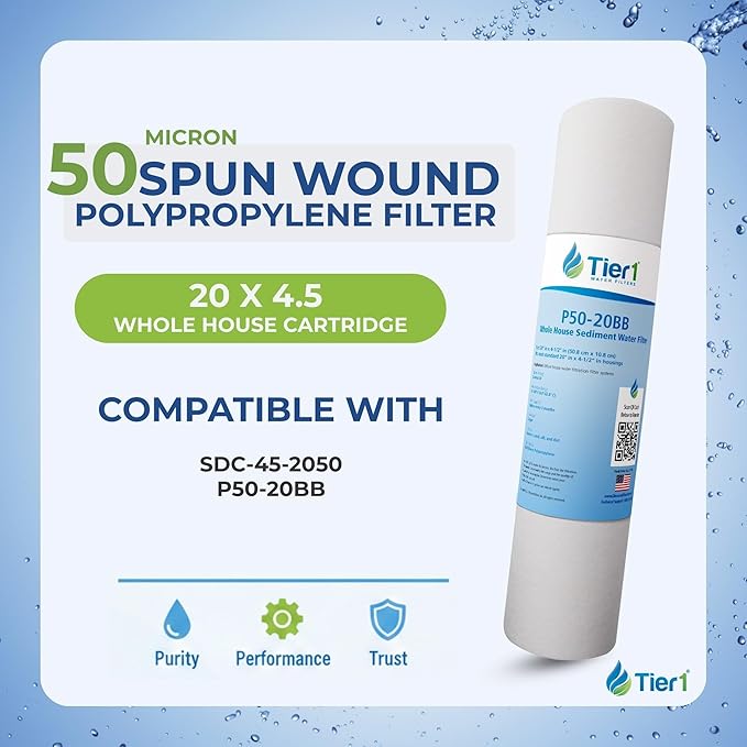 Tier1 50 Micron 20x4.5 Water Filter | Spun Wound Polypropylene Whole House Water Pre-Filter Cartridge | Replacement for Hydronix SDC-45-2050, P50-20BB | 4.5 x 20 Sediment Water Filter