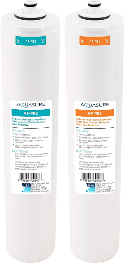 Aquasure ‎‎Premier Series Stage 1 Sediment & Stage 2 Carbon Block Replacement Water Filter Cartridge Bundle AF-PRE12, for AS-PR75/100 4-Stage Reverse Osmosis RO Under Sink Water Filtration System