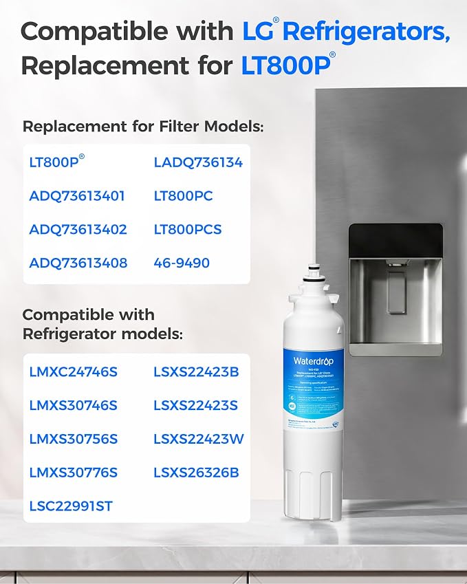 Waterdrop ADQ73613401 Water Filter, Replacement for LG® LT800P®,4 Pack | Replacement for LG® LT800P®, ADQ73613408, ADQ75795104, ADQ73613402,9490, 46-9490, LSXS26326S, LMXC23746S