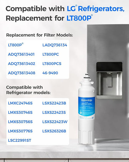 Waterdrop ADQ73613401 Water Filter, Replacement for LG® LT800P®,4 Pack | Replacement for LG® LT800P®, ADQ73613408, ADQ75795104, ADQ73613402,9490, 46-9490, LSXS26326S, LMXC23746S