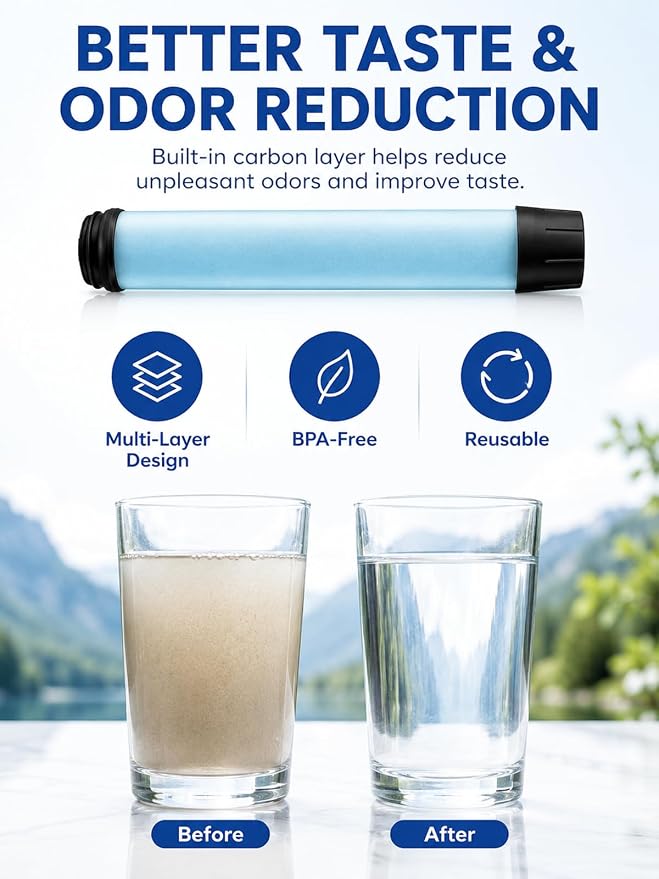 22oz Water Filter Bottle, Portable Outdoor Filtered Water Bottle with Multi-Layer Filtration, Improves Taste & Reduces Odor, BPA-Free Reusable Bottle for Hiking, Camping & Travel (Black)