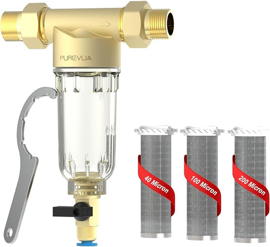 PSF1 Spin-Down Sediment Filter, Whole House Pre-Filter for Well Water & City Water, 40/100/200 Micron Reusable Stainless Steel Mesh, 1" MNPT + 3/4" FNPT & 3/4" MNPT Adapter