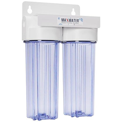 Max Water 10" 2 Stage Whole House Standard Home Water Filter System 3/4" Inlet Clear Filter Housing Variation, Supports 10" x 2.5" Water Filters (Clear, NO Filters)