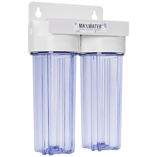 Max Water 10" 2 Stage Whole House Standard Home Water Filter System 3/4" Inlet Clear Filter Housing Variation, Supports 10" x 2.5" Water Filters (Clear, NO Filters)
