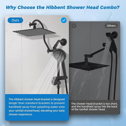 Hibbent cUPC Certified All Metal 12" Rainfall Showerhead Combo, High Pressure Shower Head with 10-Sprays Handheld, Innovative 4-way Diverter with Pause Mode, 71'' Shower Hose and Holder, Matte Black