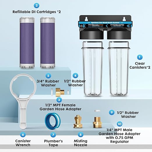 Spotless Water System for Car Wash, Deionized Water Filter with Resin, Water Deionizer for Car Washing, Portable Deionized Water System for Motorcycles, RV, No Towel Drying
