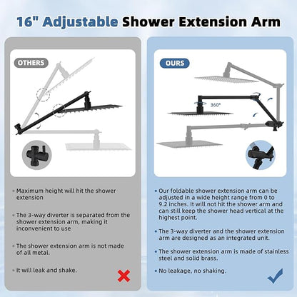 All Metal Rain Shower Head with Handheld Spray Combo, 8” High Pressure Rainfall Shower Head with 16" Shower Extension Arm, 10-Spray Handheld Showerhead Powerful Wash, Brass 3-Way Diverter, MatteBlack