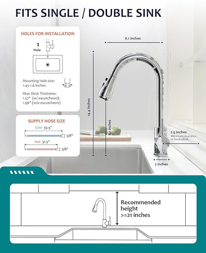 Chrome Kitchen Sink Faucet, Kitchen Faucet with Pull Down Sprayer VFAUOSIT Commercial Stainless Steel Laundry Single Handle Faucet for Kitchen Sink Chrome, Grifo para Fregaderos de Cocina