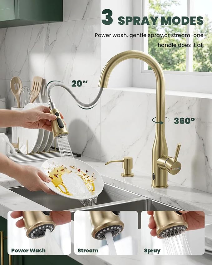 APPASO Gold Touchless Kitchen Sink Faucet with Soap Dispenser and Sprayer | S304 Stainless Steel cUPC-Certified Lead-Free Hoses Hands-Free on/off Sensor 3 WaterModes Fits 1-4 Hole Sinks with Deck Plate