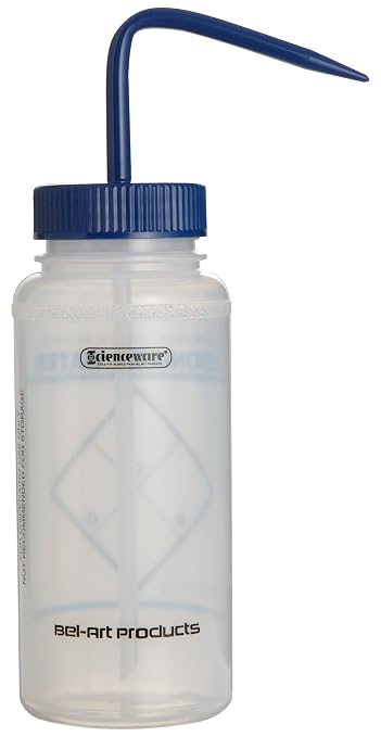 SP Bel‑Art Deionized Water Wash Bottles, 500 mL (16 oz) Wide‑Mouth Squeeze Bottles, Safety‑Labeled 2‑Color Polyethylene Bottle with Blue Polypropylene Cap, Laboratory & Scientific Use, Pack of 6