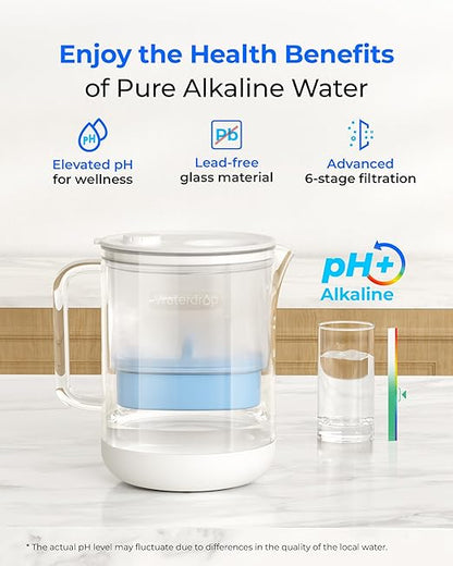 Waterdrop PT-72C-A Glass Alkaline Water Filter Pitcher, 7-Cup, Eco-Friendly, Enhances Alkaline Water, for Home & Office, Reduces PFOA/PFOS, Chlorine, Cadmium, Copper & Mercury, Clear