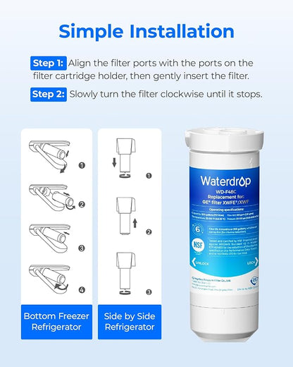 Waterdrop Water Filter Replacement for GE® XWFE®, Built-in Chip, 3 Pack | Replacement for GE® XWF, Compatible with GNE27, GFE26, GDE25, GSS25 and PSE25 Series Refrigerators, NSF 42 & 372 Certified