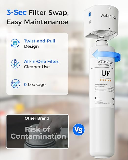 Waterdrop 15UAW-UF 0.01 μm Ultra Filtration Under Sink Water Filter System, 2 Years, Reduces Lead, Chlorine, Bad Taste & Odor, Direct Connect to Kitchen Faucet，No TDS Reduction