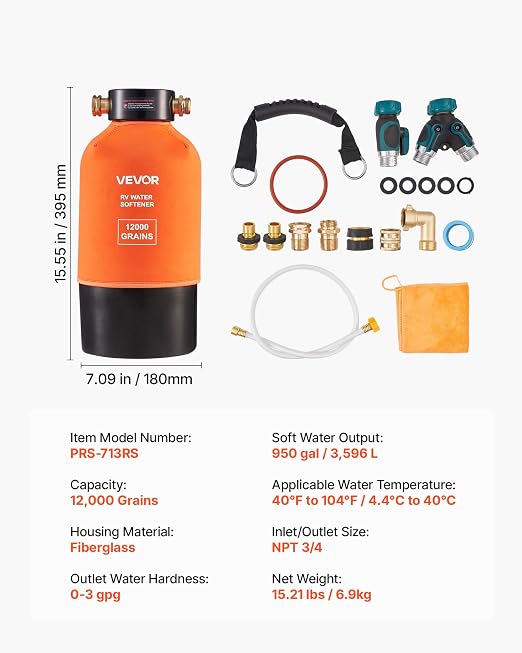 VEVOR RV Water Softener, 12,000 Grain, Portable Water Softener System with NPT 3/4" Fittings, Food-Grade Resin, Quick Connect, Convenient for RVs, Trailers, Boats, Mobile Car Washing, Pressure Washing