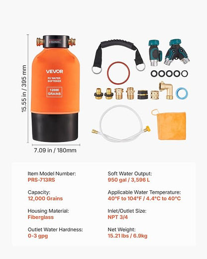VEVOR RV Water Softener, 12,000 Grain, Portable Water Softener System with NPT 3/4" Fittings, Food-Grade Resin, Quick Connect, Convenient for RVs, Trailers, Boats, Mobile Car Washing, Pressure Washing