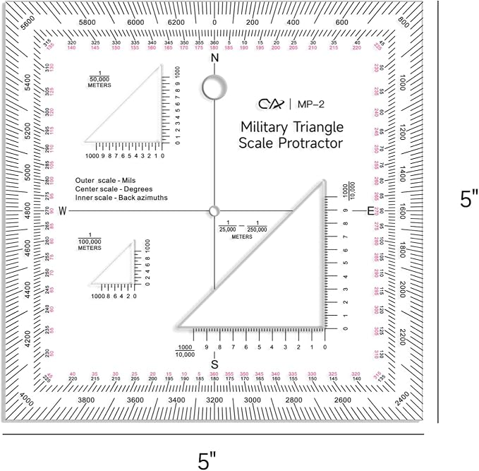 CYA MP-2 GTA 5-2-12 Military Map Protractor - UTM MGRS Coordinate Scale | GTA 5-2-12 equivalent map protractor with degrees, mils & reverse azimuths. Fits 1:10k to 1:250k UTM/MGRS charts.