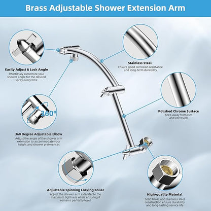 Hibbent All Metal Rain Shower Head, 8'' High Pressure Rainfall Square Showerhead with 16" Shower Head Extension Arm, Solid Brass Adjustable Shower Arm Extender, Waterfall Fixed Showerheads, Chrome