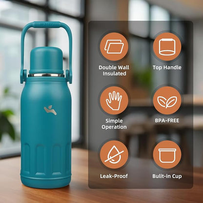 Konokyo Insulated Water Bottle with Handle and Strap,Vacuum Travel Tumbler with Cup Lid,Thermo Coffee Cup for Hot Cold Drinks 40 OZ,Lake Blue