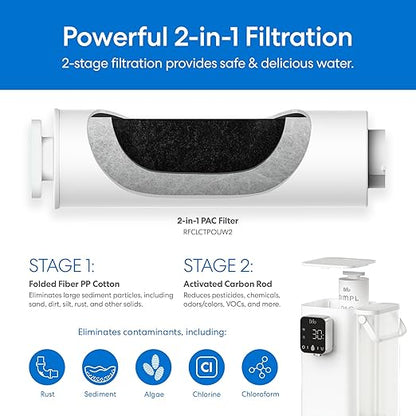 Brio SIMPL W2 Countertop Water Dispenser w/Refillable 2.5L Water Tank, 2-in-1 Sediment & Carbon Filter Included, Room Temp., LED Display w/Touch Buttons, No Plumbing Necessary, White