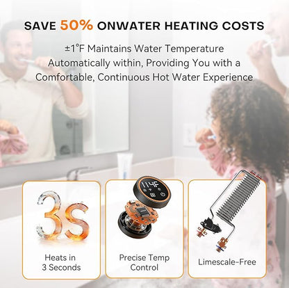 12kW Tankless Water Heater Electric 240V, On Demand Hot Water, Automatically Maintains Water Temperature, Up to 2.8 GPM, WiFi Control, ETL Eertified, Eco, WM12V Plus