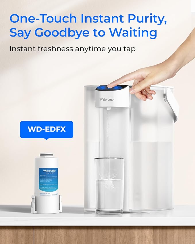 Waterdrop EDFX Water Filter Replacement for Waterdrop ED61 Rechargeable Water Filter Dispenser, 200-Gallon Long-Life, 10X Filtration Efficiency, Reduce 98% Chlorine and 20+ Contaminants, 3 Pack