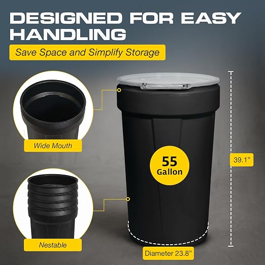 Eagle Plastic Drum, 55 Gallon Drum, DOT Compliant, Made in USA, Black | High-Density-Polyethylene, Open Head Lab Pack Drum, Metal Lever-Lock with Bung Lid, Hazardous Material Storage, Transport